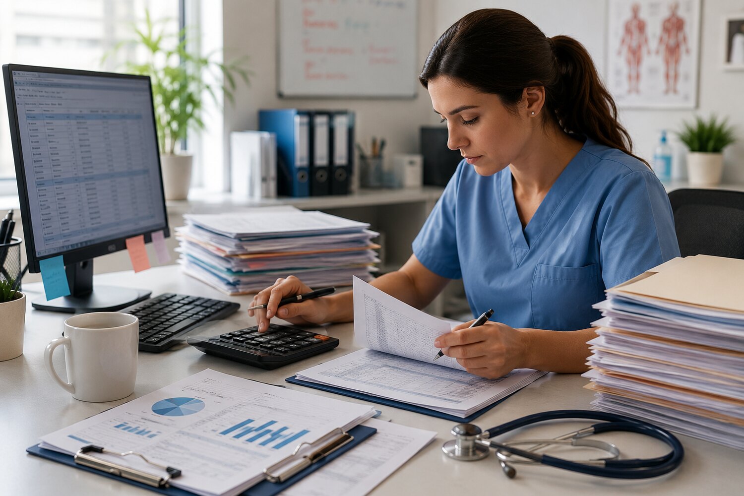 A medical office reviewing insurance reconciliations