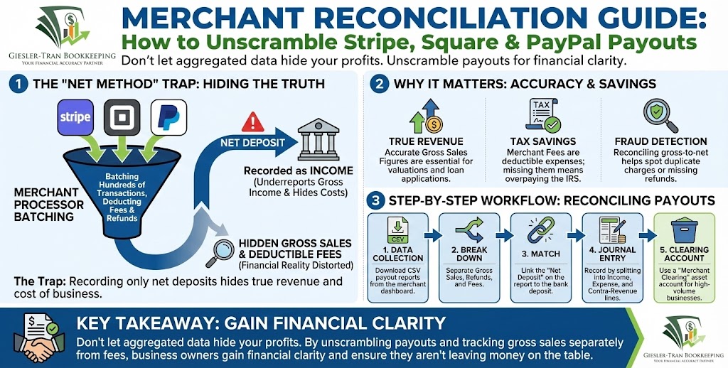 Merchant Reconciliation: Unscramble Stripe & Square Payouts Infographic Illustration