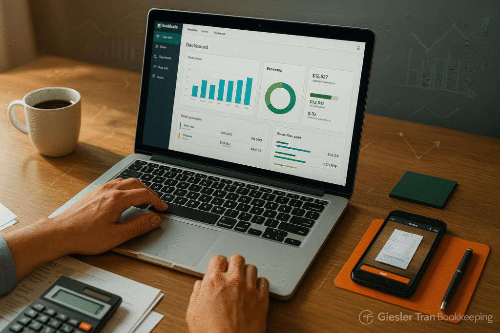remote bookkeeping workspace with laptop showing QuickBooks dashboard and mobile receipt capture