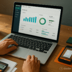 remote bookkeeping workspace with laptop showing QuickBooks dashboard and mobile receipt capture