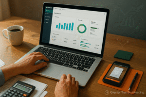 remote bookkeeping workspace with laptop showing QuickBooks dashboard and mobile receipt capture