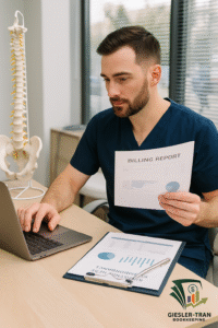 A chiropractor reviewing patient billing and financial reports in a modern clinic — concept of managing chiropractic insurance reimbursements professionally.