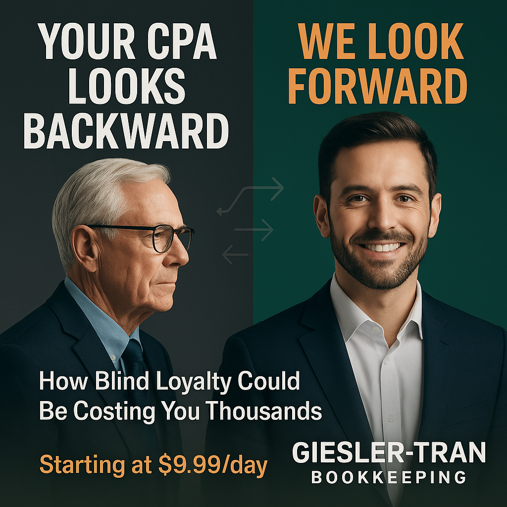Professional blog image comparing CPA vs Bookkeeper. On the left, an older CPA looks backward surrounded by paper tax forms and a calendar, symbolizing reactive accounting. On the right, a confident Giesler-Tran Bookkeeping expert analyzes growth charts, representing proactive, forward-focused bookkeeping.