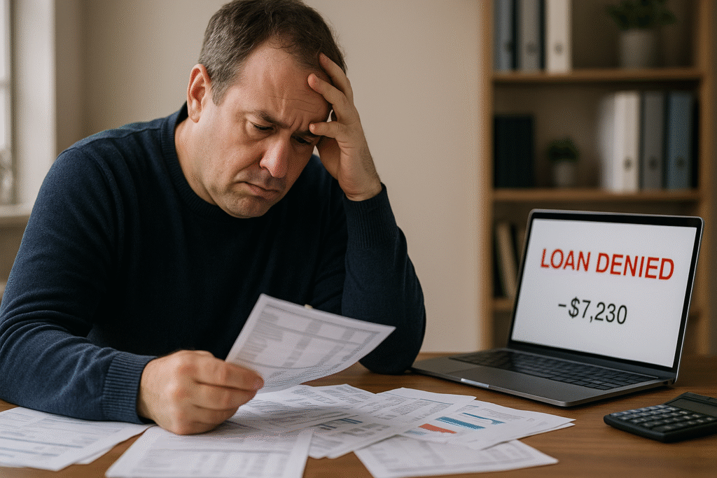 Business owner upset after loan denial, reviewing disorganized financials and bank statements.