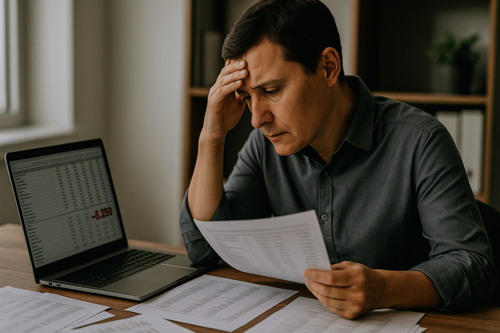 Business owner reviewing messy financials — example of good enough bookkeeping causing cash flow problems.