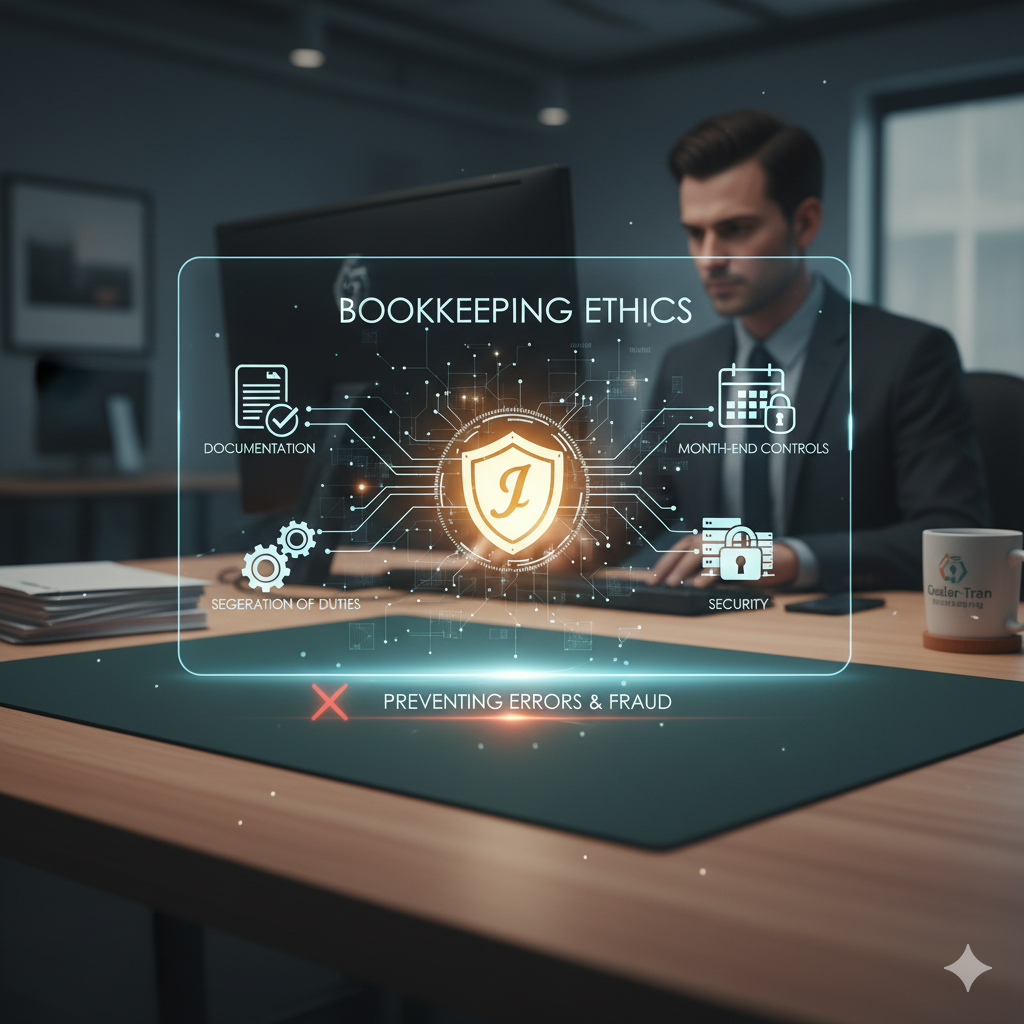 Bookkeeping ethics: integrity, documentation, segregation of duties, security, and month-end controls to prevent errors and fraud.