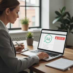 Business owner reviewing website trust scores on a laptop with a ScamAdviser warning and verification checklist.