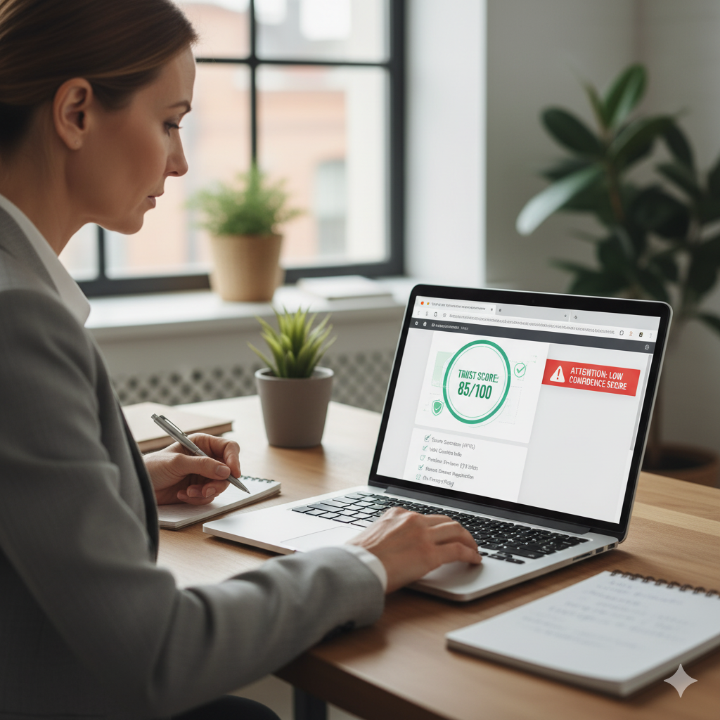 Business owner reviewing website trust scores on a laptop with a ScamAdviser warning and verification checklist.