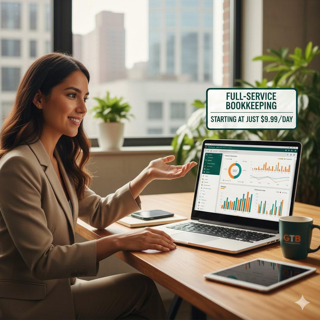 Business owner reviewing bookkeeping dashboard — $9.99 bookkeeping value