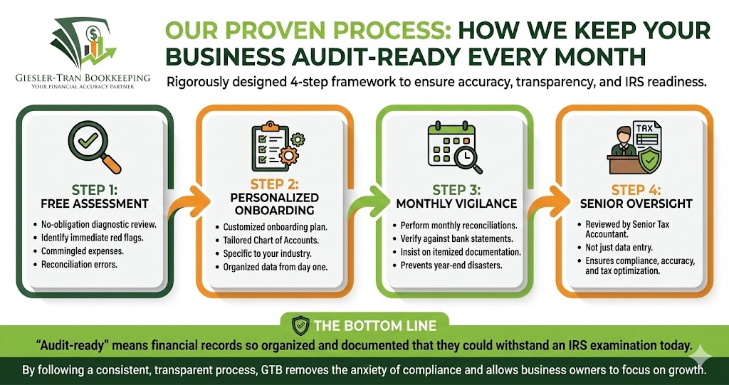 Audit-Ready Bookkeeping: Our Transparent Process Infographic