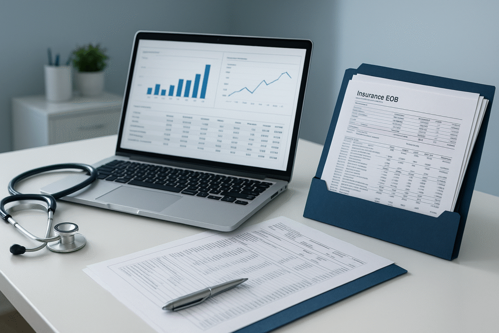 Ultra-realistic image of a clean, modern medical office desk with financial documents neatly organized, a stethoscope resting beside a laptop, insurance EOB forms stacked in a tidy folder, glowing ambient light, soft shadows, cool clinical tones, sharp detail, premium photography style.