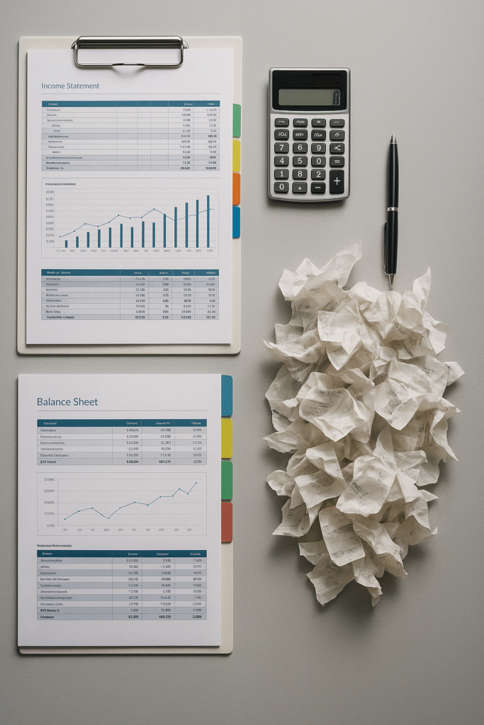 High-end, cinematic overhead shot of a spotless desk with neatly reconciled financial statements, a calculator, clean spreadsheets, a pen aligned perfectly, and color-coded tabs. Next to them: a chaotic pile of crumpled receipts pushed to the side with a clear contrast between chaos and order. Cool blue and white tones. Ultra sharp. Modern professional lighting. No text.