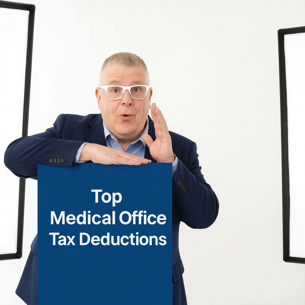 Brian from Giesler-Tran Bookkeeping presenting the top medical office tax deductions with a welcoming pose.