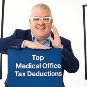 Brian from Giesler-Tran Bookkeeping holding a sign that reads ‘Top Medical Office Tax Deductions’ in a studio setting.