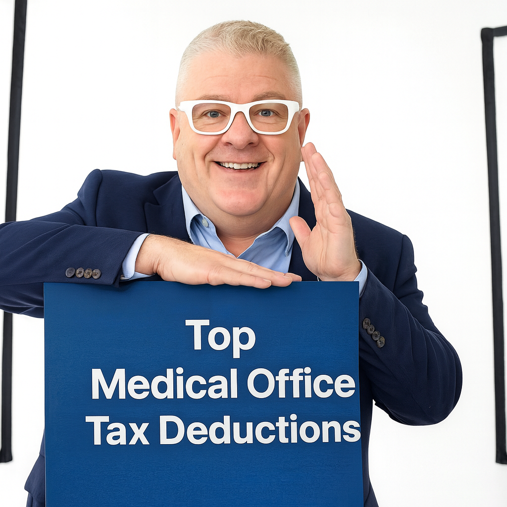 Brian from Giesler-Tran Bookkeeping holding a sign that reads ‘Top Medical Office Tax Deductions’ in a studio setting.