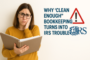 Concerned business owner holding a binder next to a warning about why ‘clean enough’ bookkeeping causes IRS trouble and bookkeeping mistakes that trigger audits.