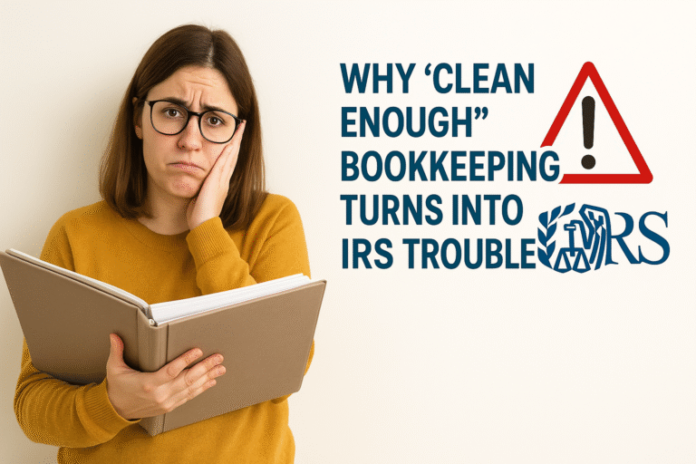 Concerned business owner holding a binder next to a warning about why ‘clean enough’ bookkeeping causes IRS trouble and bookkeeping mistakes that trigger audits.