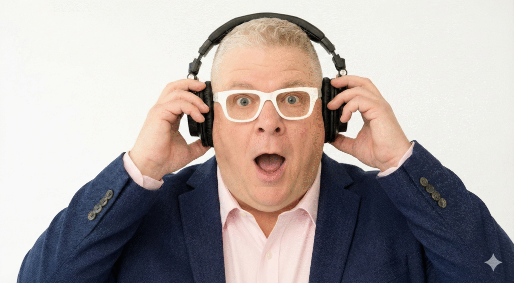 Brian Giesler with headphone on, his hands are holding the earpieces, he's displaying an amazed face.