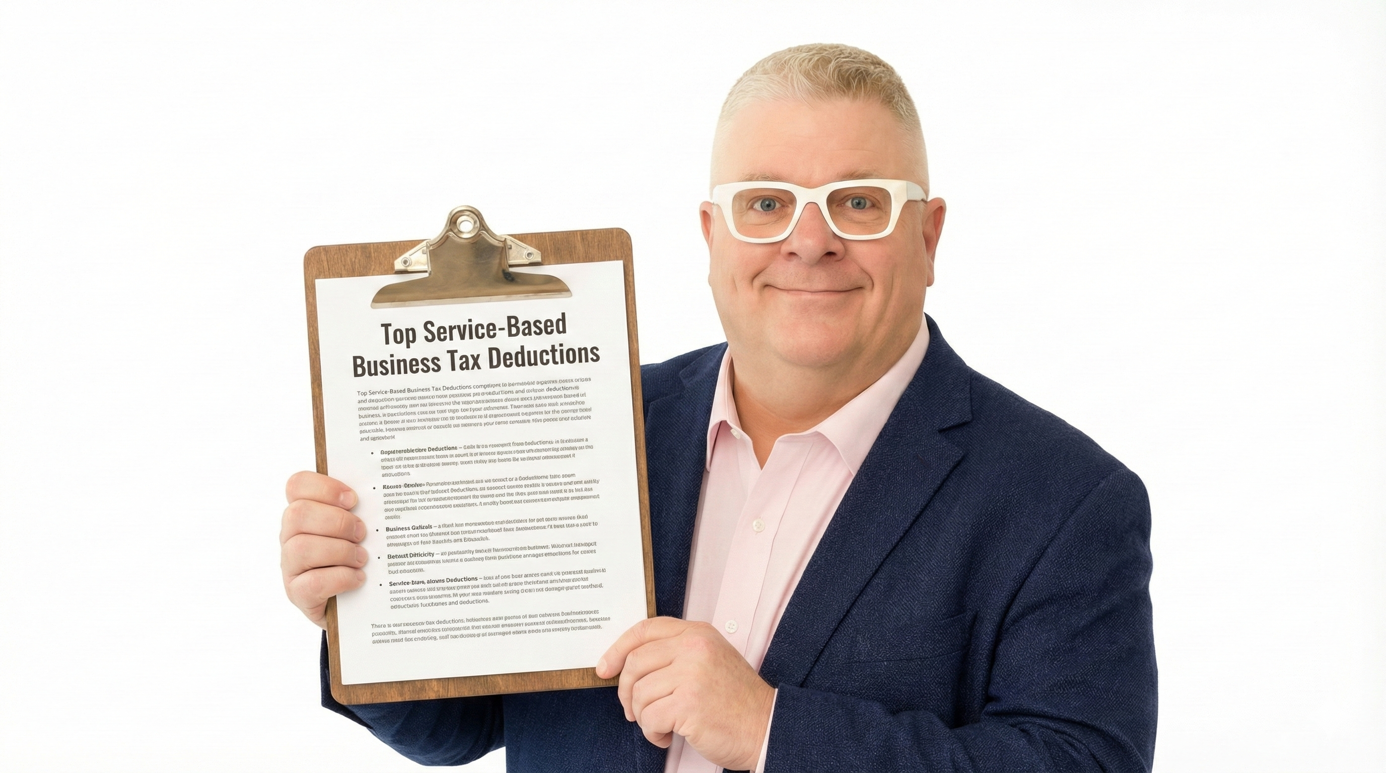 Brian holding a clipboard which reads 'top service-based business tax deductions.'