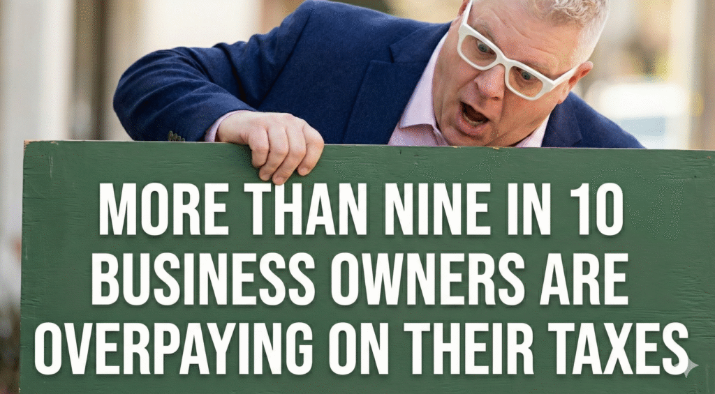 Brian holding a sign that reads More Than Nine in Ten Business Owners Are Overpaying On Their Taxes