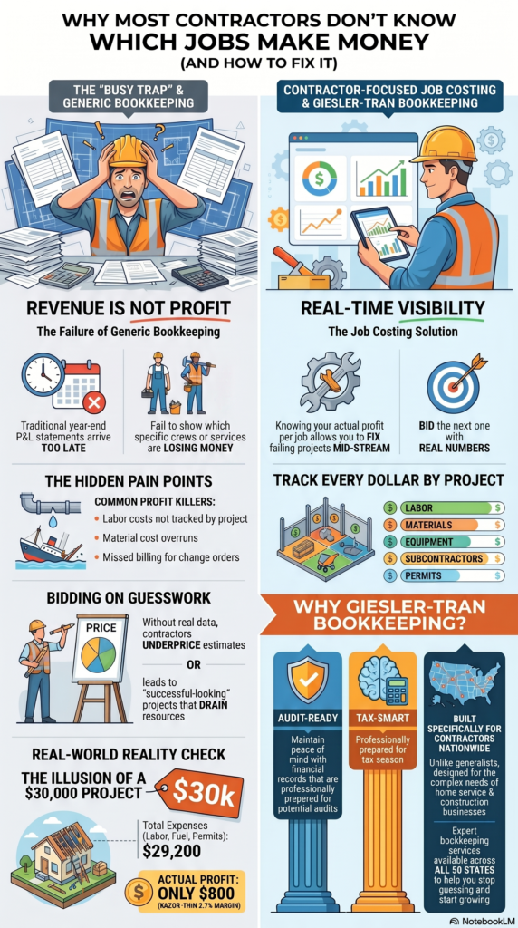 Contractor Bookkeeping infographic showing job costing, project profitability, labor tracking, materials tracking, and contractor financial reporting.