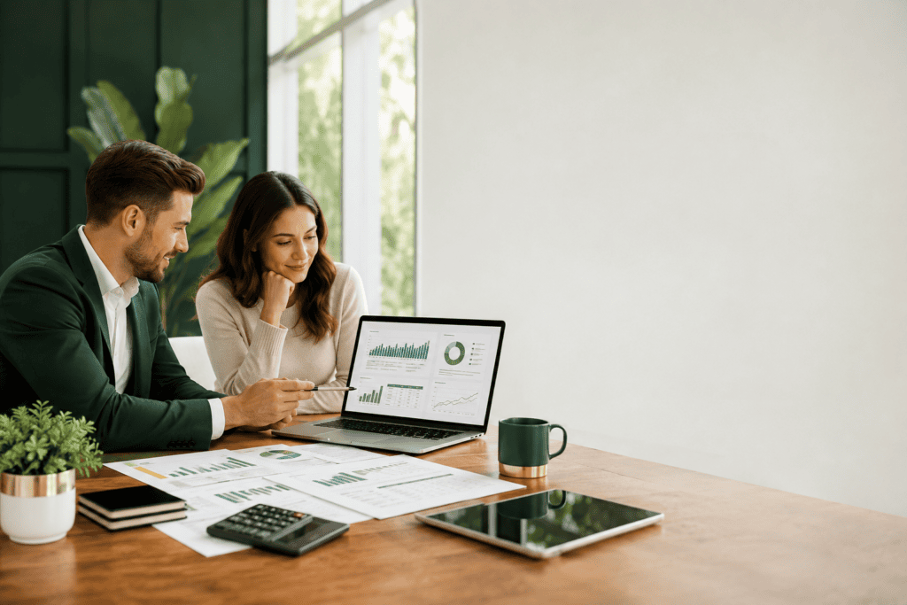 Professional accountant using QuickBooks accounting package to manage bookkeeping, payroll, financial reports, and business finances.