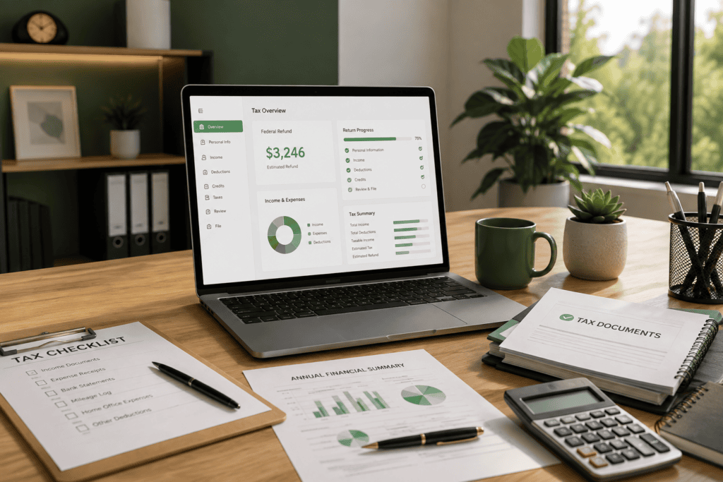 Small business owner using online tax software with a tax professional