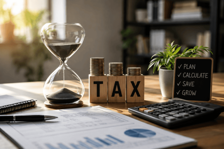 Small business owner using a tax calculator to estimate federal taxes and withholding