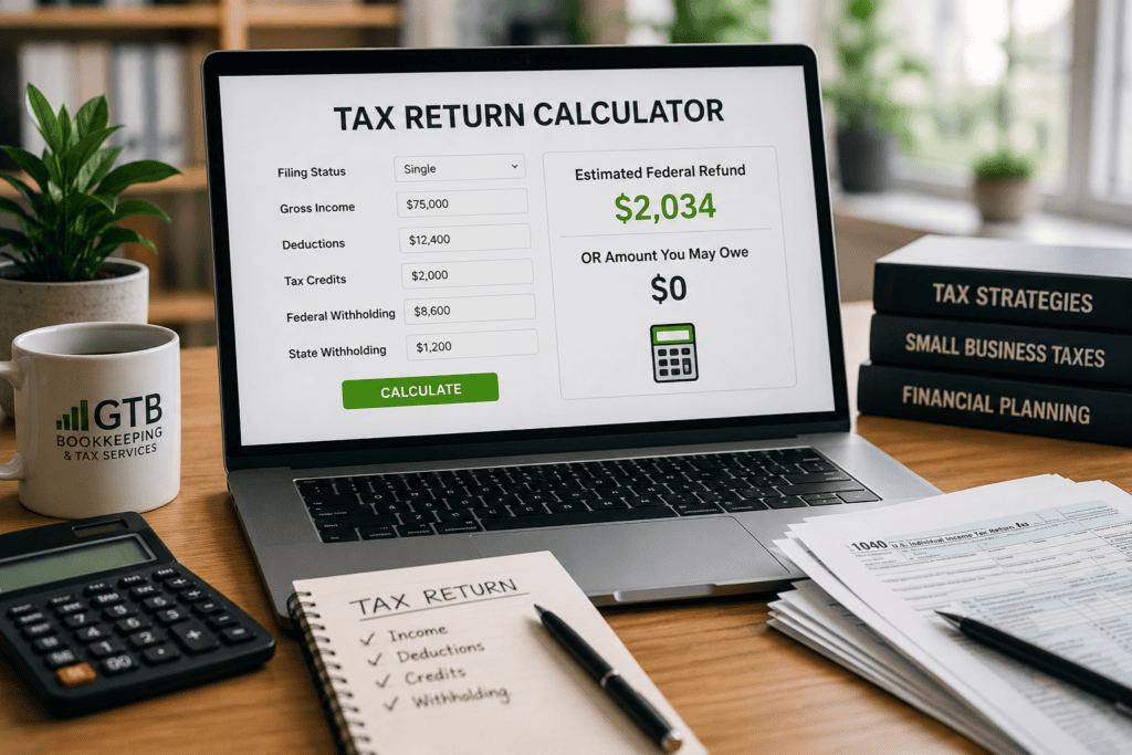 Tax return calculator showing estimated tax refund or amount owed