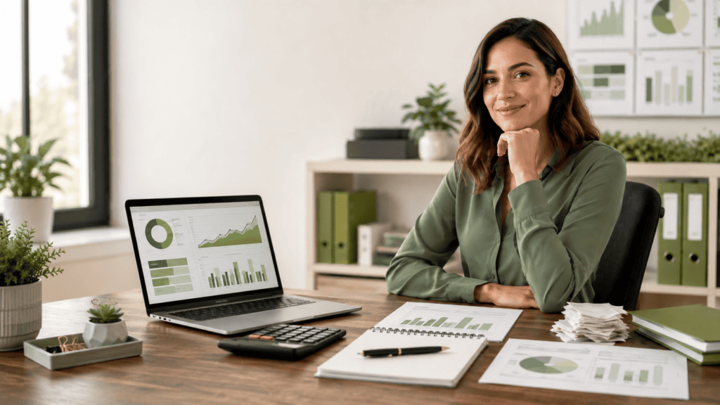 Small business owner reviewing organized bookkeeping and financial records