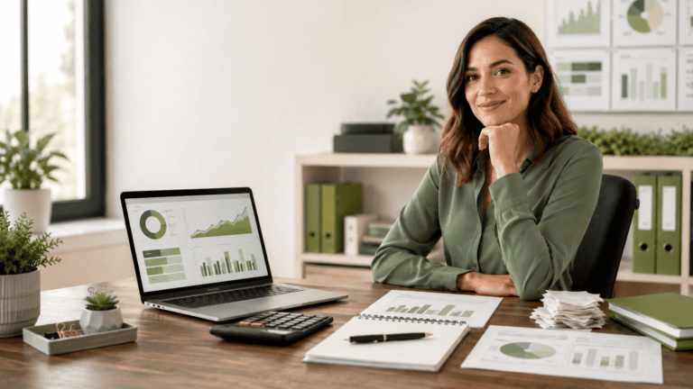 Small business owner reviewing organized bookkeeping and financial records