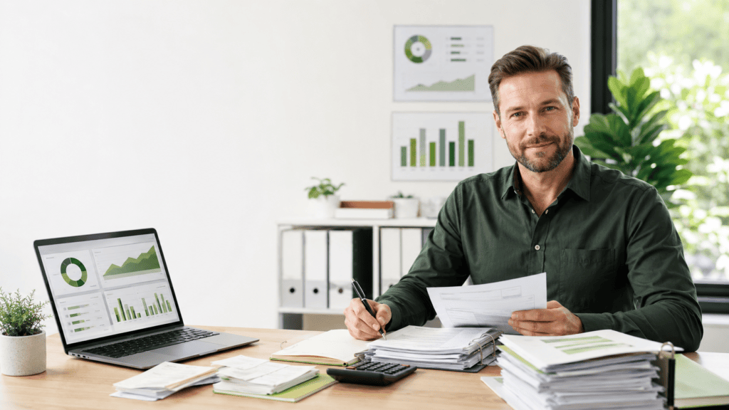 Small business owner preparing documents to file taxes