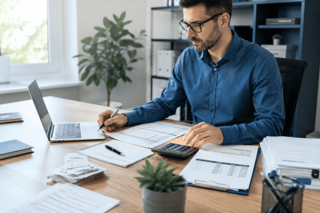 Small business owner reviewing book keeping in account records