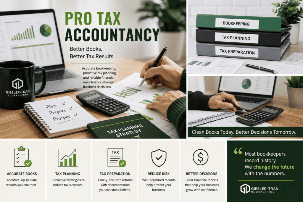 Pro tax accountancy with bookkeeping, tax planning, tax preparation, and financial reporting for businesses
