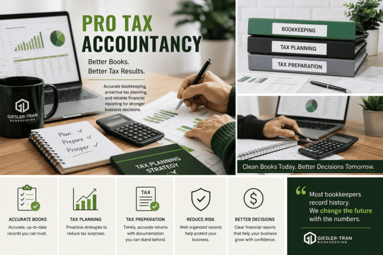 Pro tax accountancy with bookkeeping, tax planning, tax preparation, and financial reporting for businesses