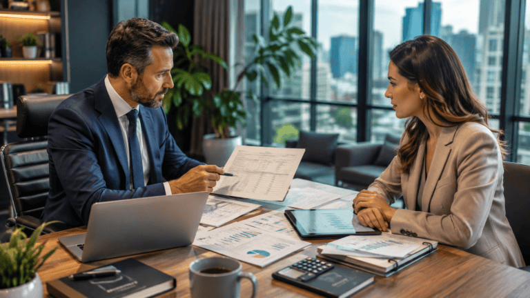Professional tax preparer meeting with a client to review tax documents, financial statements, and tax planning in a modern office.