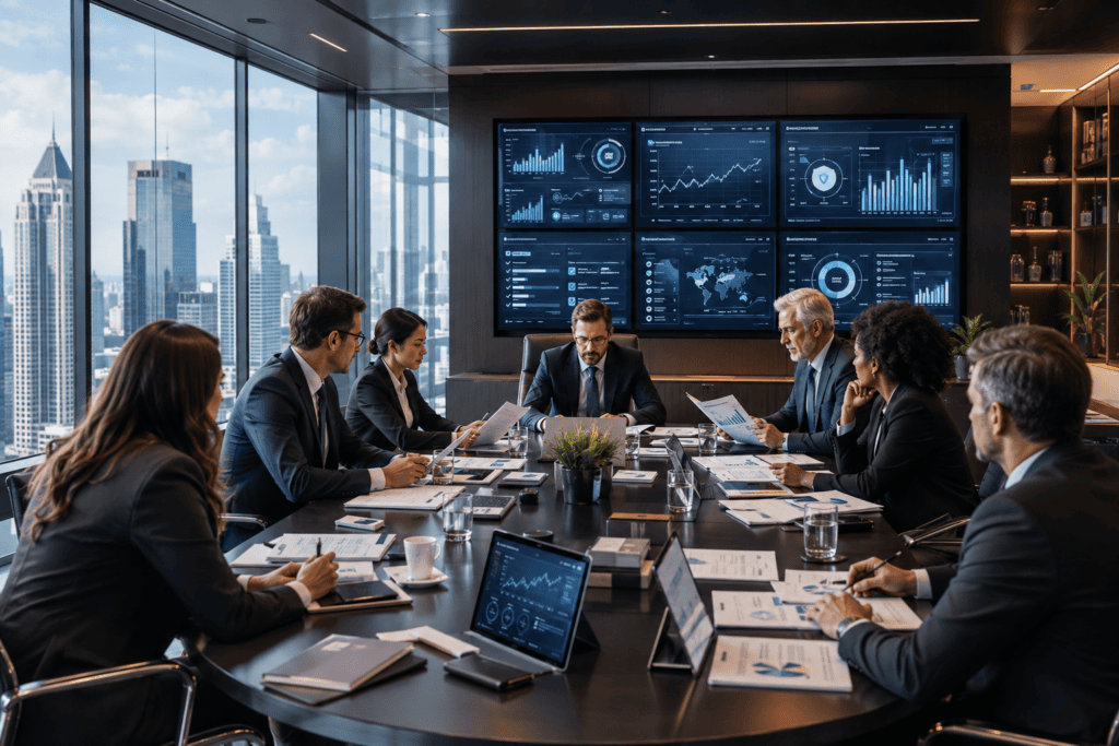 Professional financial advisor explaining financial regulations and compliance to business clients in a modern office, representing Financial Services Authority oversight.