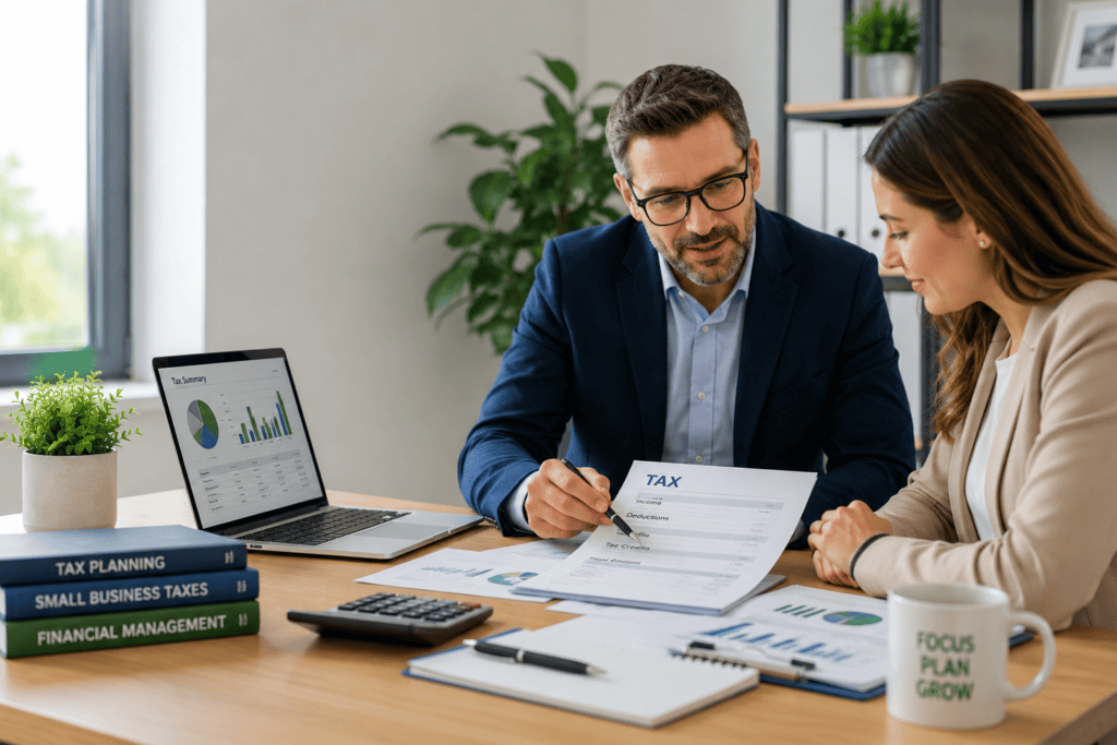 Tax professional helping a small business owner review financial and tax documents