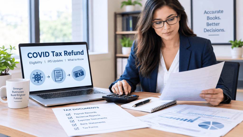 Business owner reviewing COVID tax refund documents with an accountant