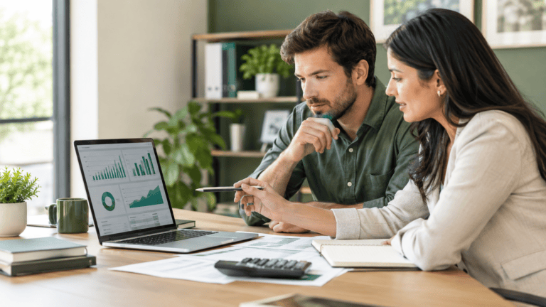 Professional bookkeeper reviewing business financial records