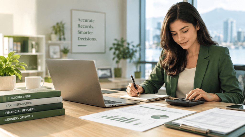 Professional reviewing full-service bookkeeping financial records