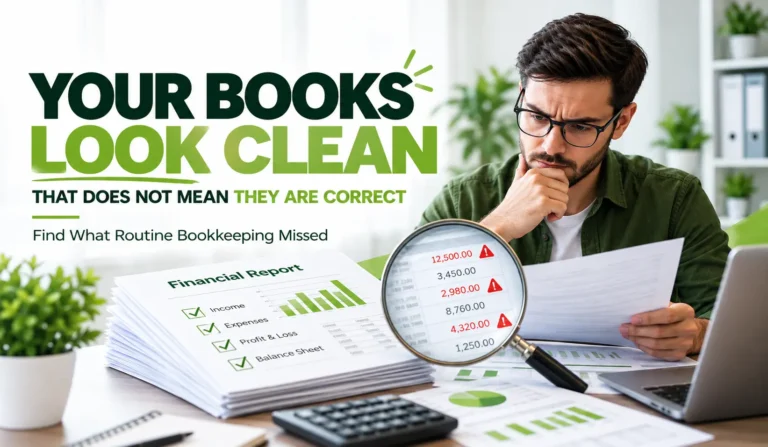 Business owner discovering hidden bookkeeping mistakes during a Financial Health Evaluation.