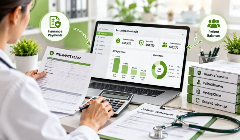 Medical practice accounts receivable dashboard showing insurance payments, unpaid claims, and patient balances.